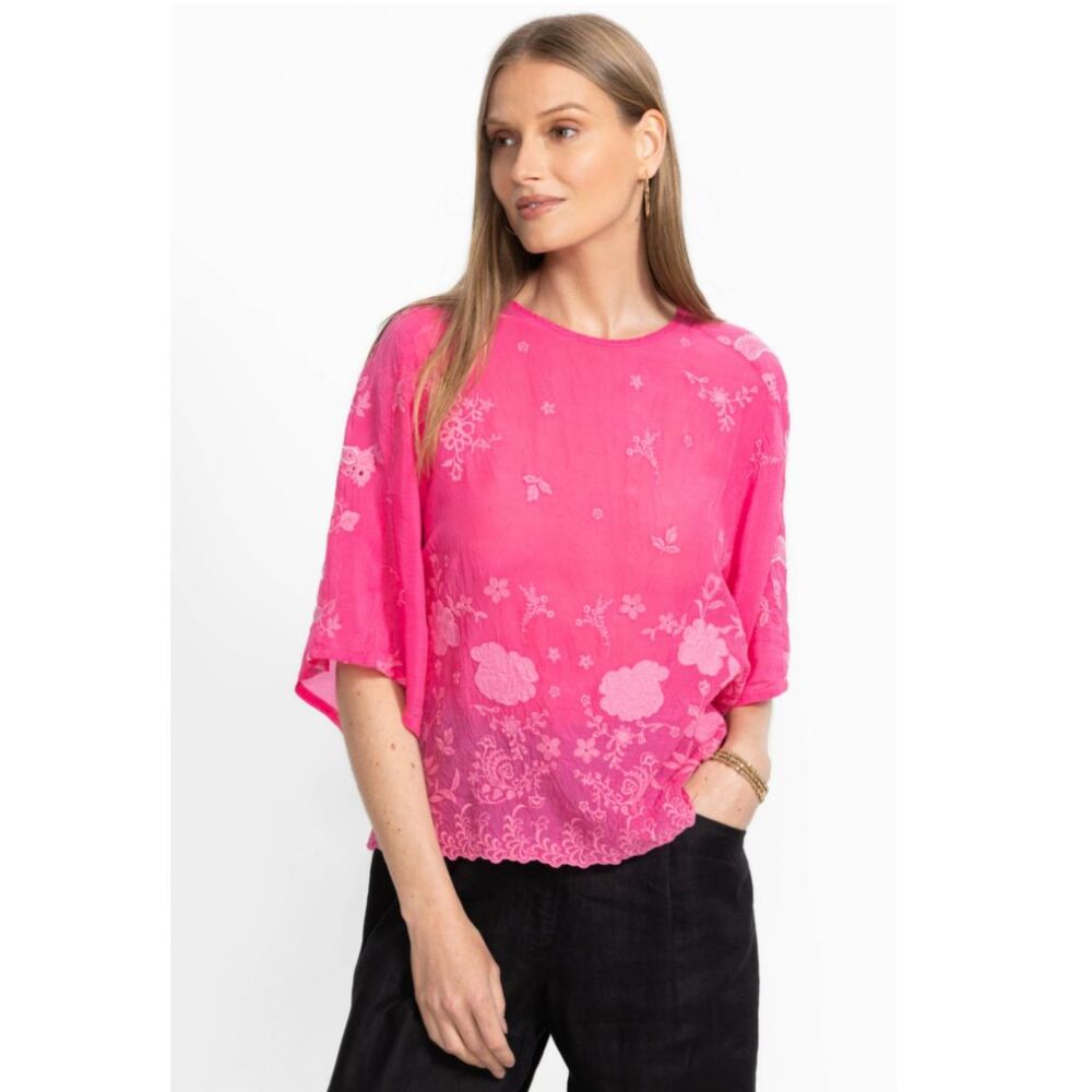 Johnny Was Small Pink Jonet Blouse Embroidered Cupro Silk Floral Top Ferera S
